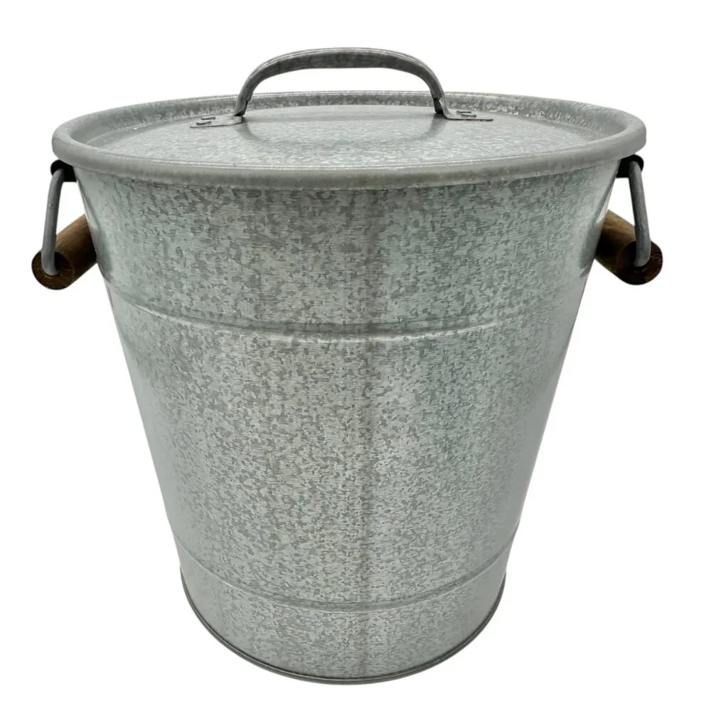 Galvanized Metal Ice Bucket With Lid Wood Accent Handles Handcrafted In Turkey